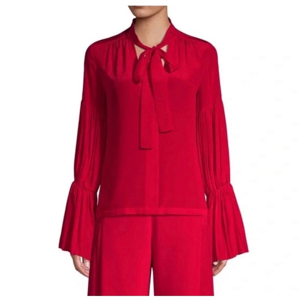 Alexis Tobit Top Cherry Red 100% Silk S NWT Pleated Bell Sleeve Old Money Glam